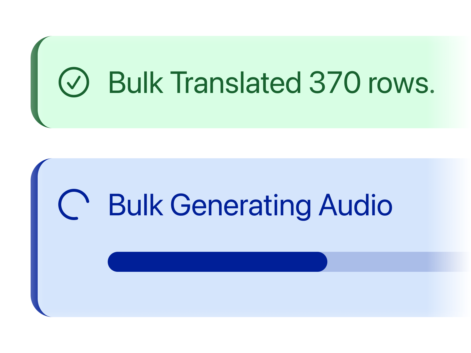 Notifications of a completed spreadsheet to bulk translation process, and an in-process process to generate multiple text-to-speech audio-recording files.